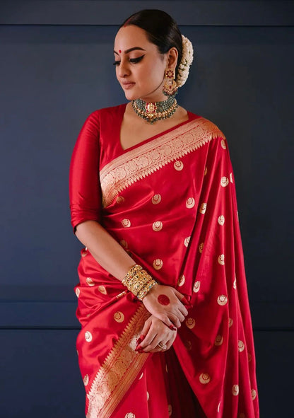 Neon Red Silk Saree With Weaving Work