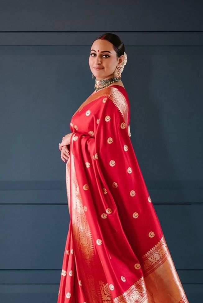 Neon Red Silk Saree With Weaving Work