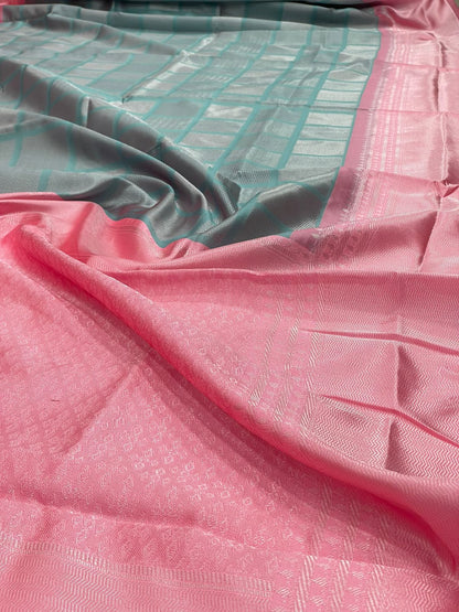 Silver Pink Kanjivaram Saree With Weaving Work