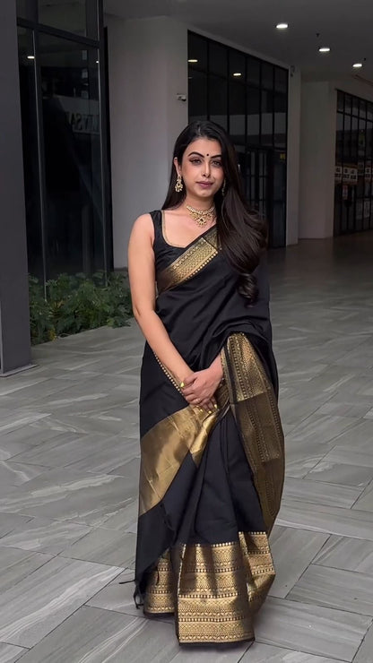 Black Silk Saree With Weaving Border