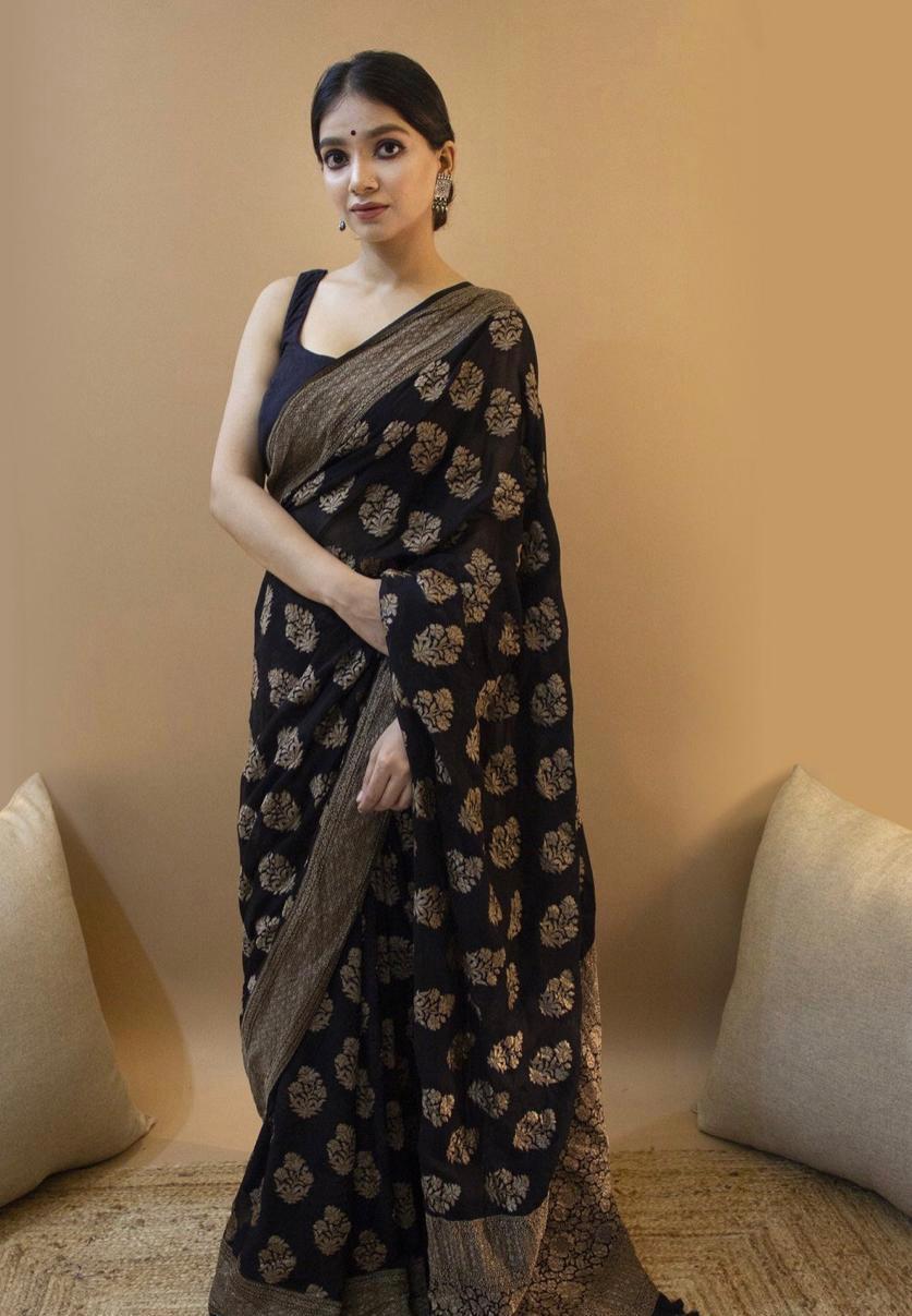 Black Soft Silk Saree With Zari Weaving Work