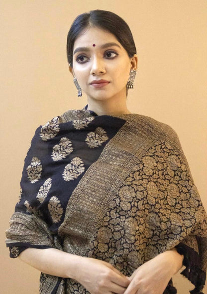 Black Soft Silk Saree With Zari Weaving Work