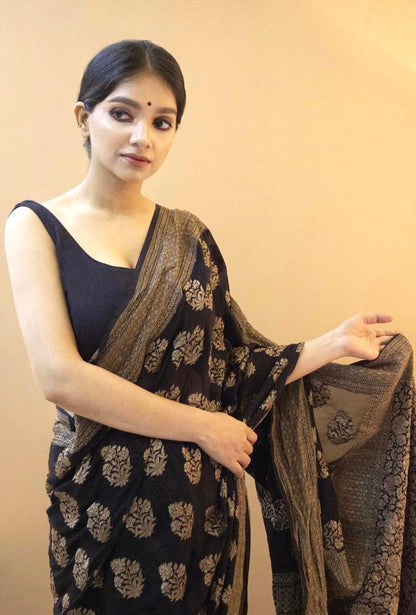 Black Soft Silk Saree With Zari Weaving Work