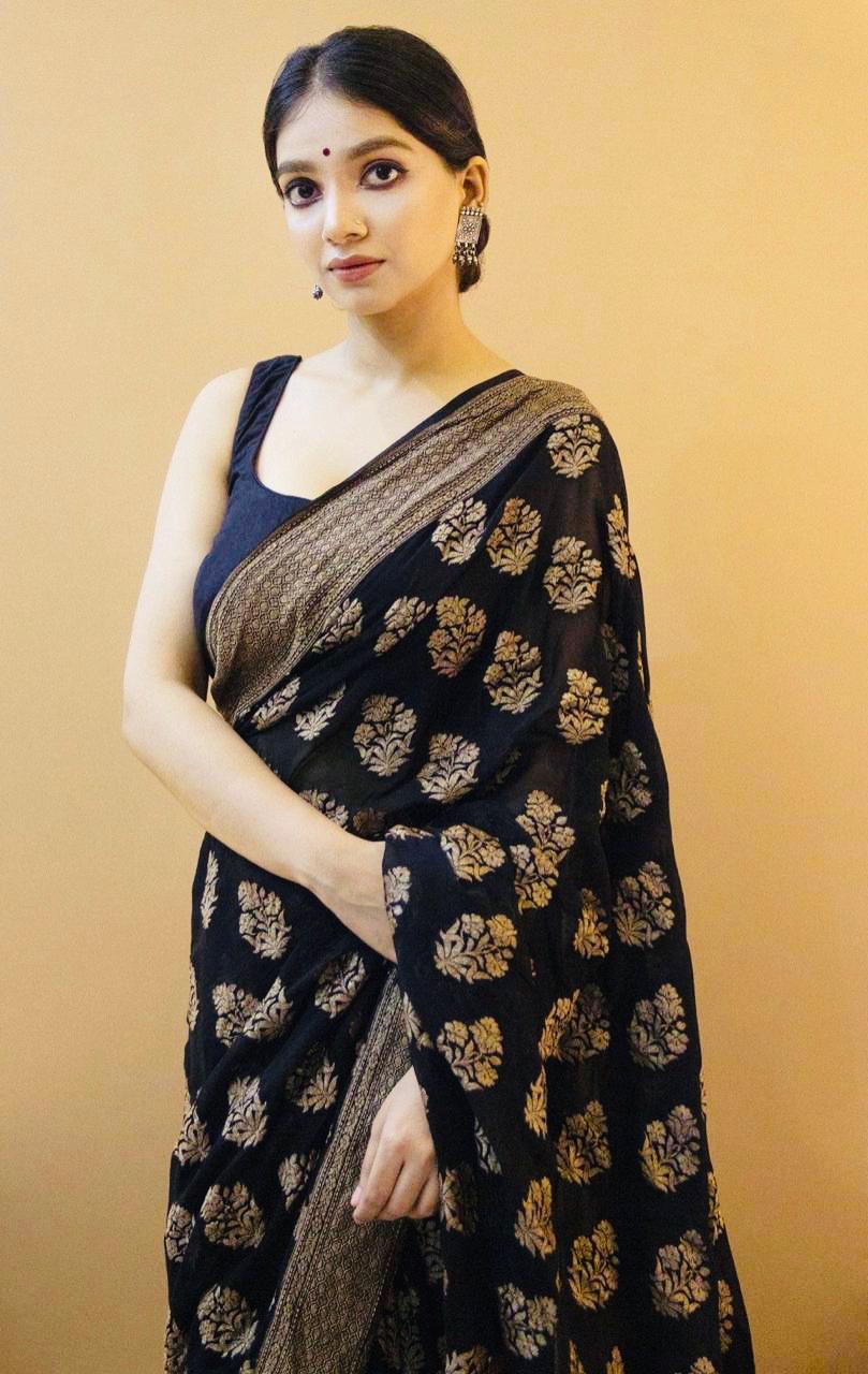 Black Soft Silk Saree With Zari Weaving Work