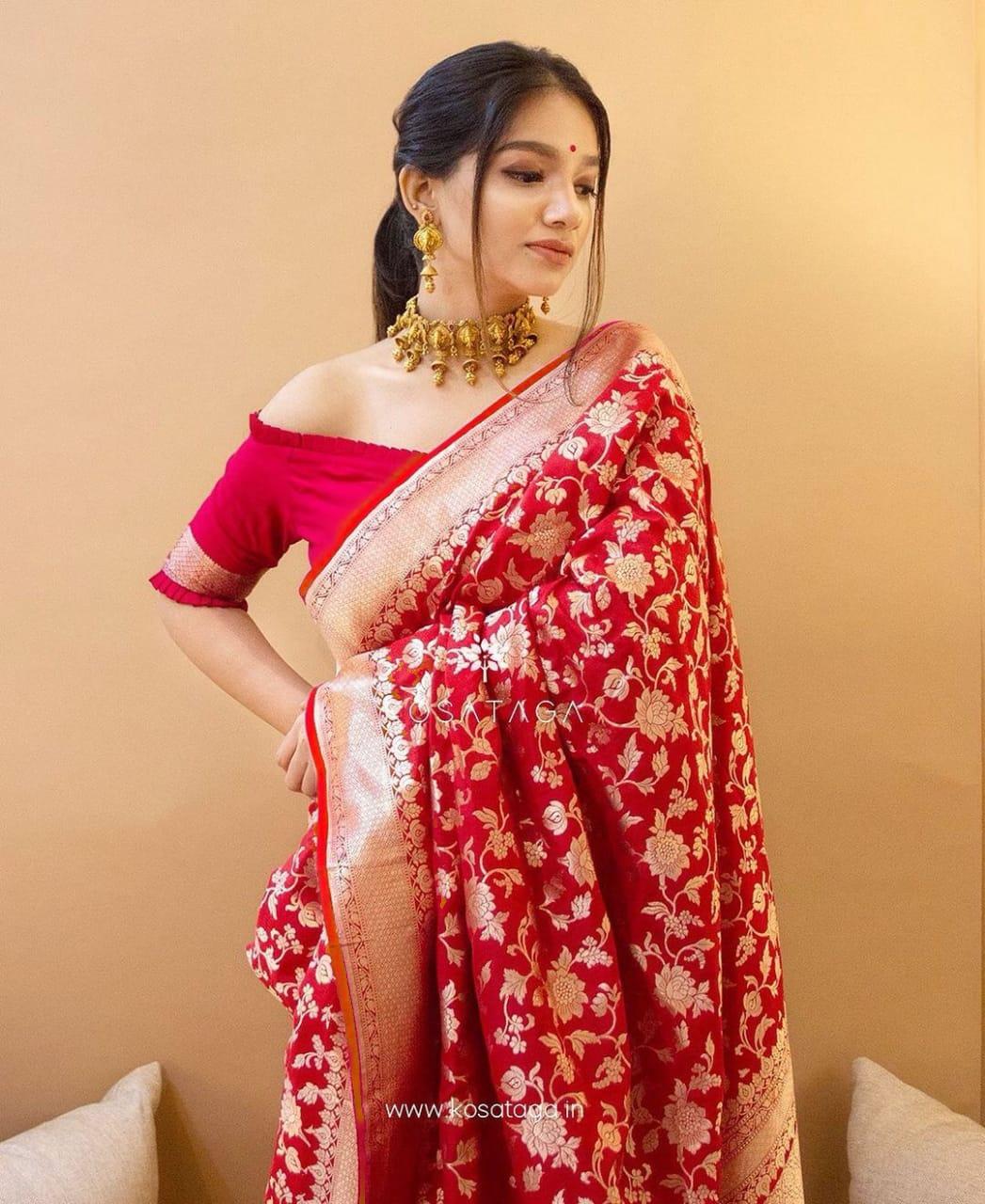 Fancy Red Designer Soft Silk Saree With Zari Weaving Work