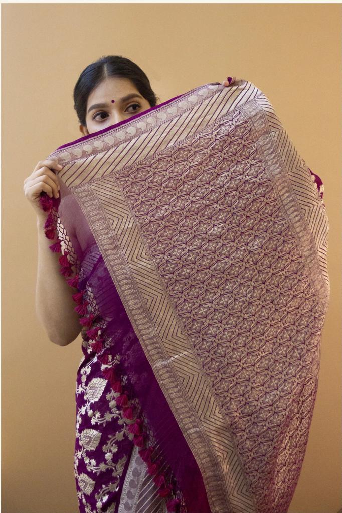 Purple Soft Banarasi Silk Zari weaving saree