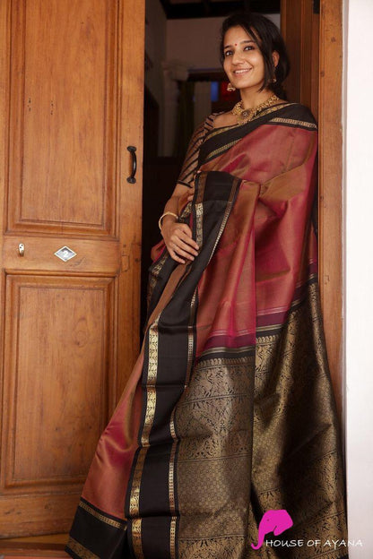 Hot Marron And Black Border Colour Soft Lichi Silk Saree