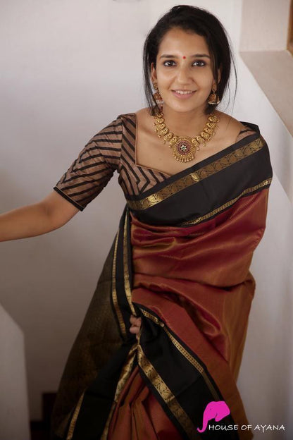 Hot Marron And Black Border Colour Soft Lichi Silk Saree