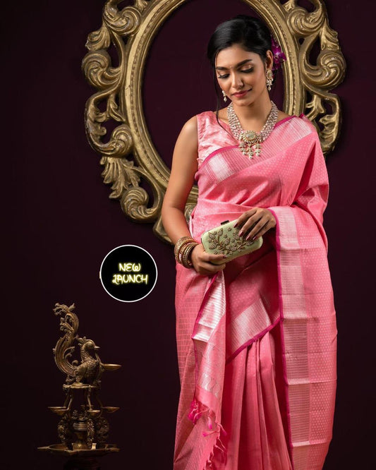 Pink Silk Saree With Zari Weaving Work