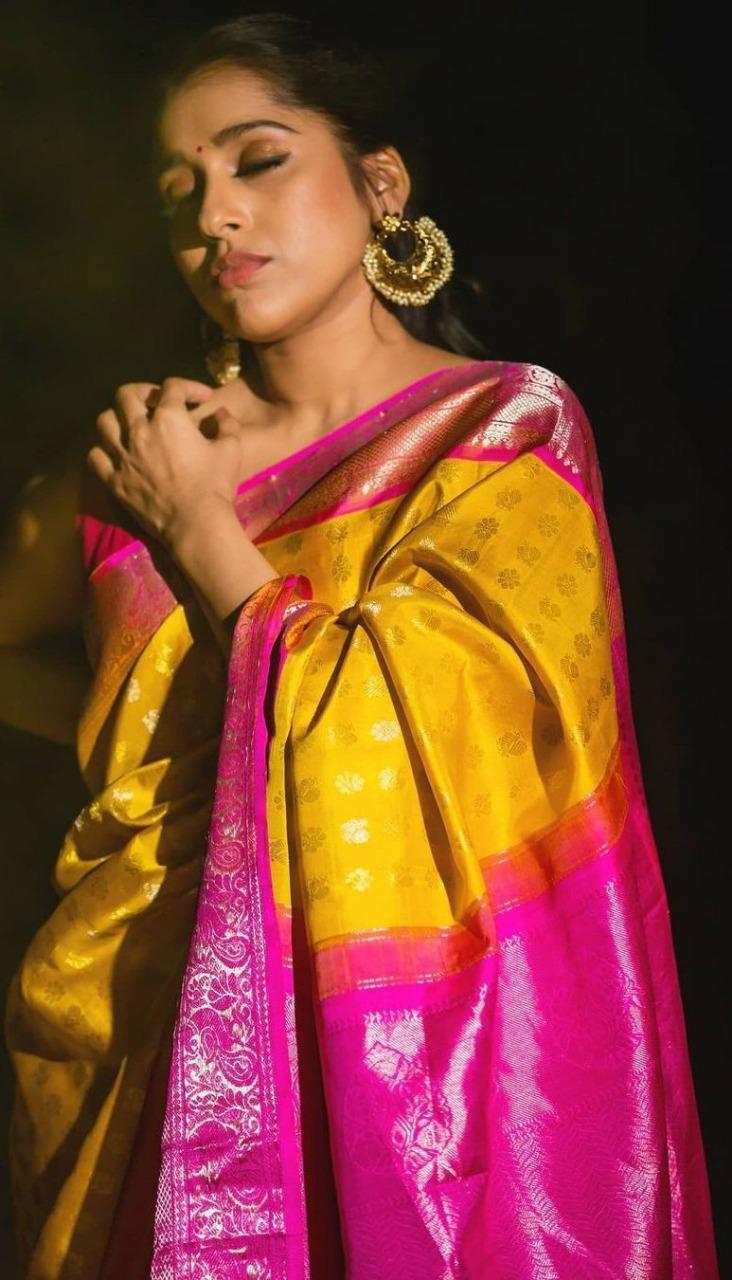 Yellow Pink Soft Lichi Silk Saree With Rich Pallu