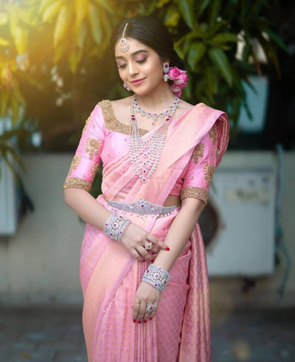 Poetry Pink Tissue Silk Zari Woven Saree With Blouse