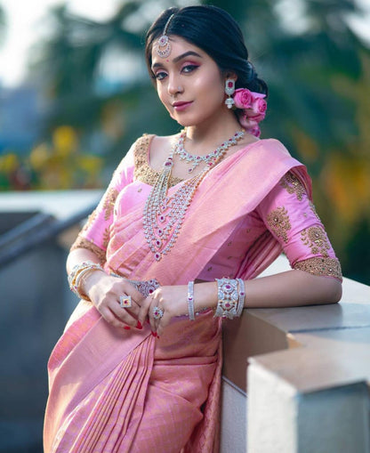 Poetry Pink Tissue Silk Zari Woven Saree With Blouse