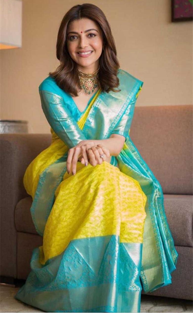 Lemon Yellow & Dark Sky Blue Stylist Designer Lichi Silk Saree