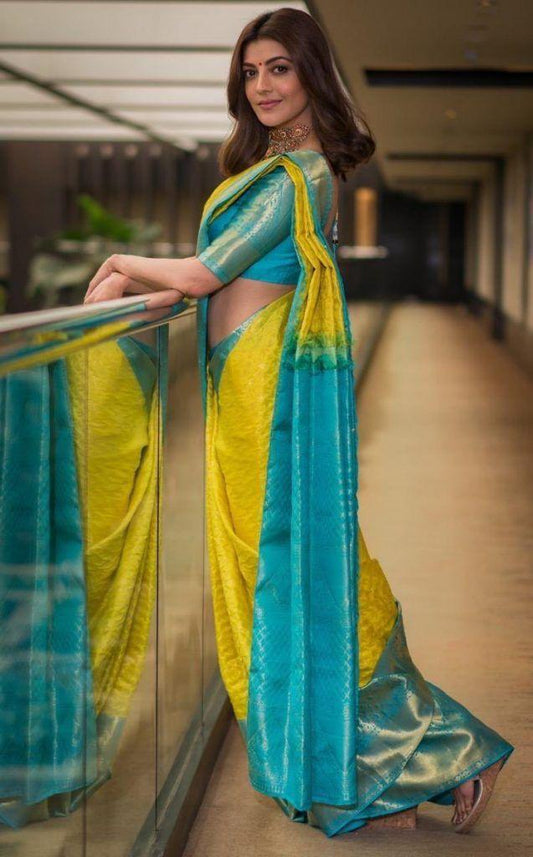 Lemon Yellow & Dark Sky Blue Stylist Designer Lichi Silk Saree