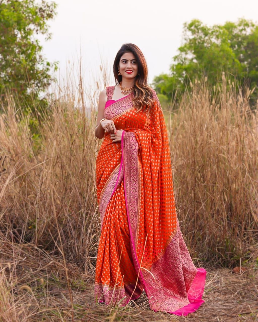 Orange And Pink Colour Foil Print Georgette Saree With Blous