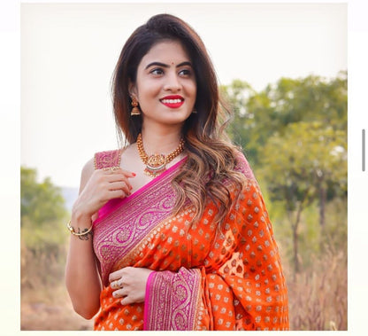 Orange And Pink Colour Foil Print Georgette Saree With Blous