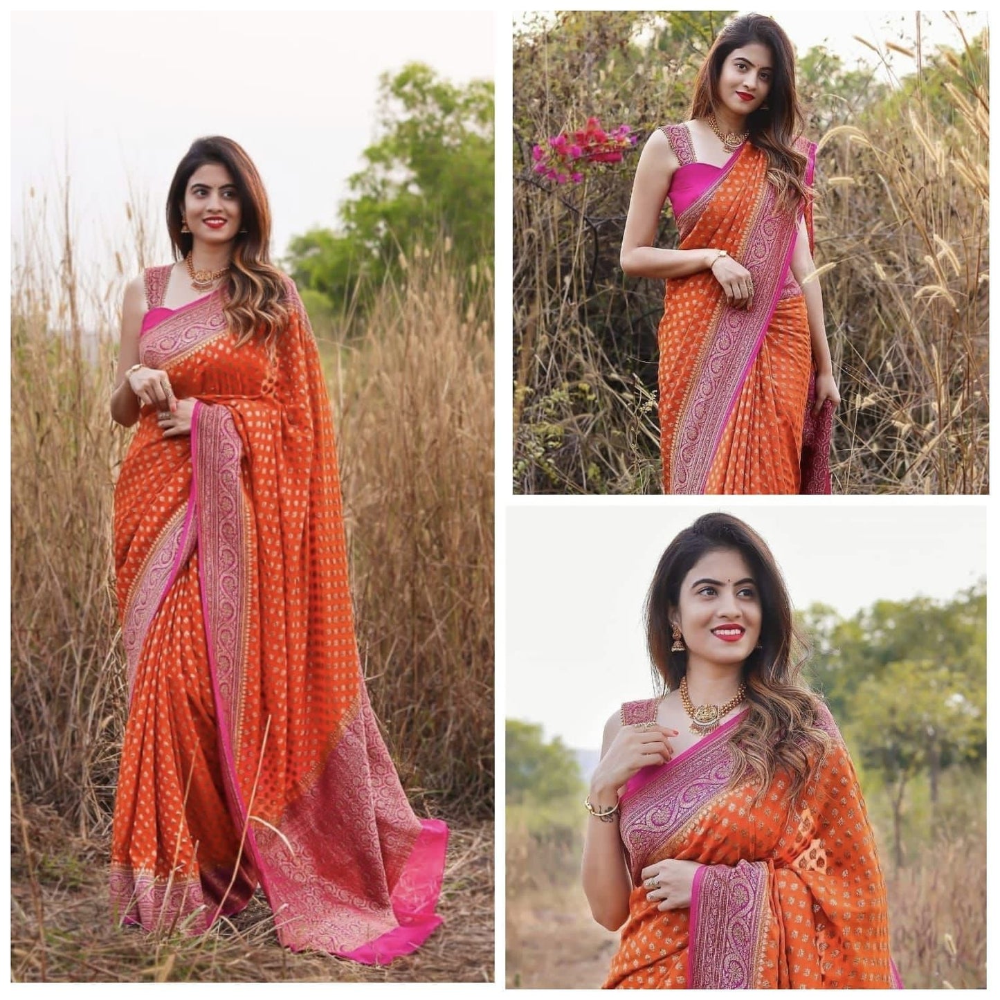 Orange And Pink Colour Foil Print Georgette Saree With Blous