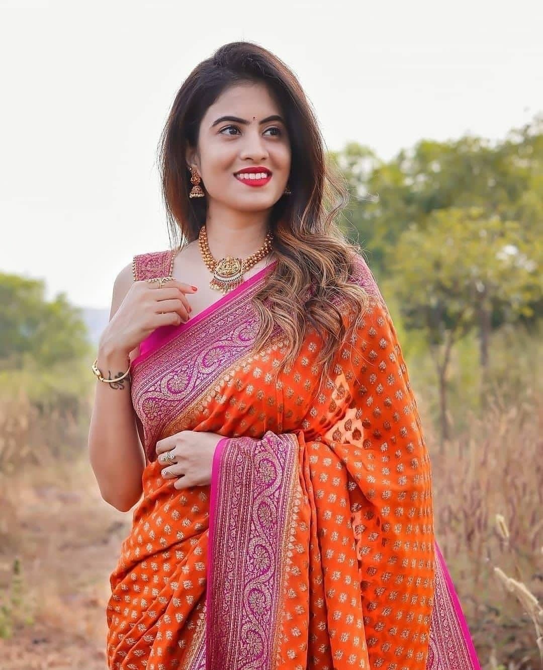 Orange And Pink Colour Foil Print Georgette Saree With Blous