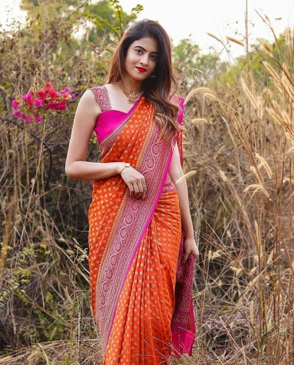 Orange And Pink Colour Foil Print Georgette Saree With Blous