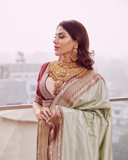 Light Green Colour Soft Lichi Silk Saree With Blouse