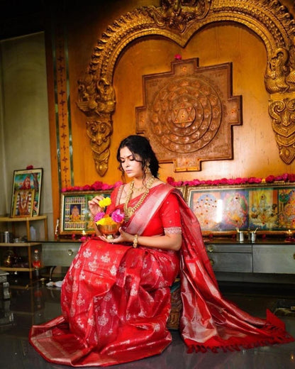 Red Banarasi Silk Saree With Zari Weaving Work