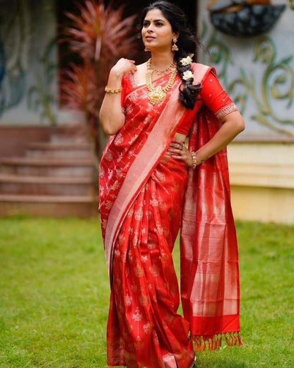 Red Banarasi Silk Saree With Zari Weaving Work