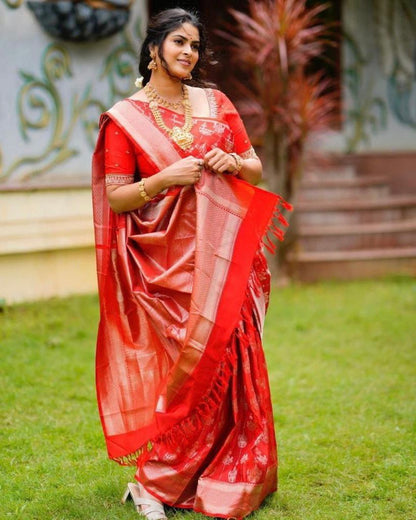 Red Banarasi Silk Saree With Zari Weaving Work