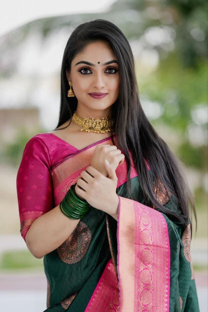 Alluring Green And Pink Silk Saree