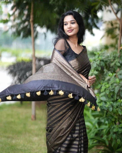 Midnight Black Colour Soft Lichi Silk Saree With Rich Pallu