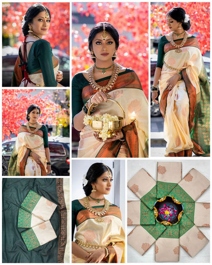 Cream Green Woven Kanjivaram Wedding Saree With Blouse