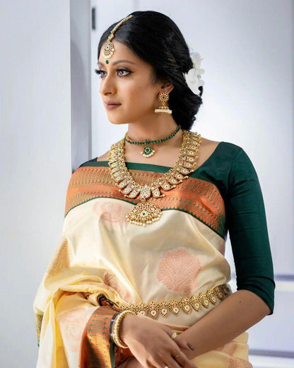 Cream Green Woven Kanjivaram Wedding Saree With Blouse