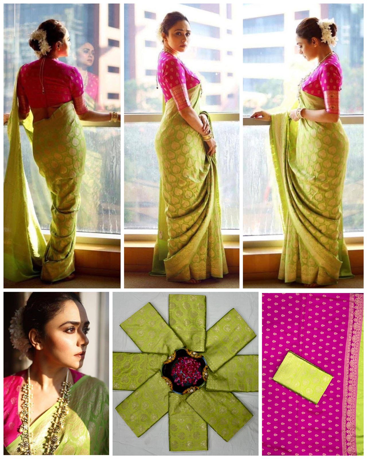 Pink And Parrot Green Soft Silk Saree With Zari Weaving Work