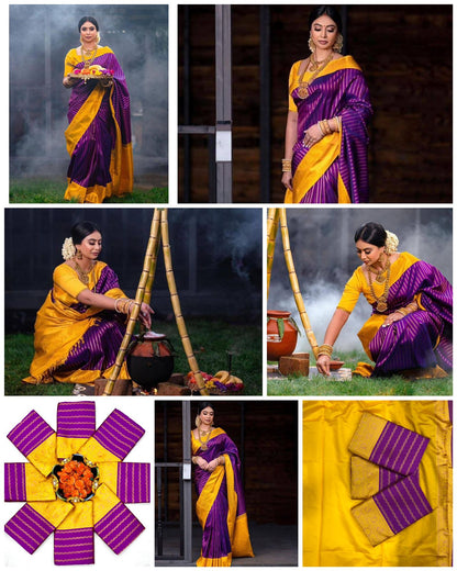 Yellow & Purple Banarasi Soft Silk Saree With Weaving Work