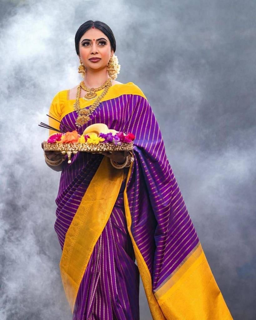 Yellow & Purple Banarasi Soft Silk Saree With Weaving Work