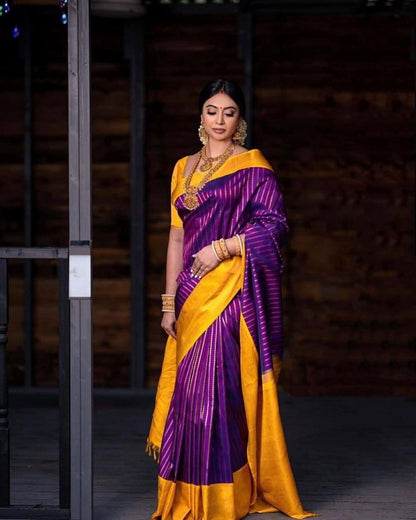 Yellow & Purple Banarasi Soft Silk Saree With Weaving Work