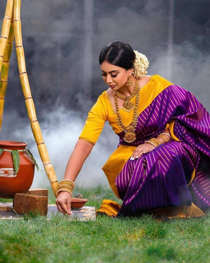 Yellow & Purple Banarasi Soft Silk Saree With Weaving Work