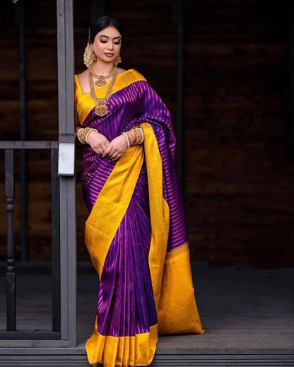 Yellow & Purple Banarasi Soft Silk Saree With Weaving Work