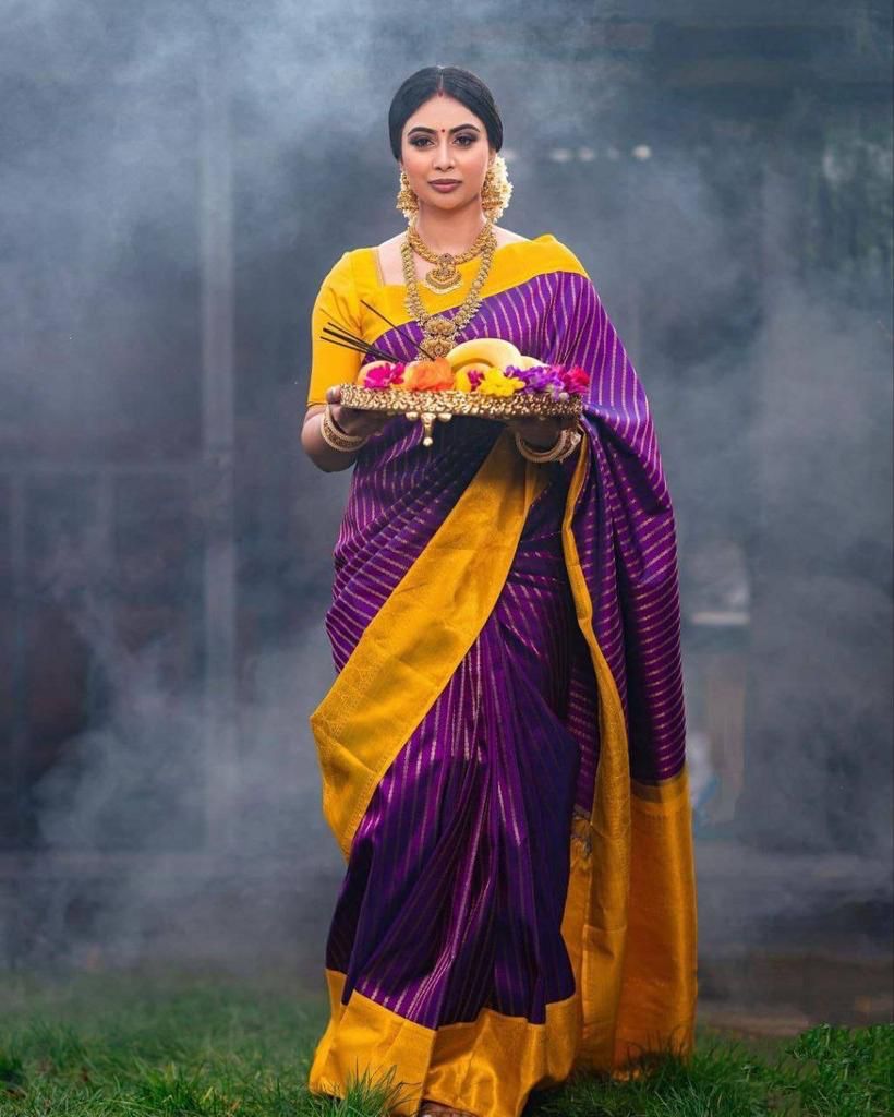 Yellow & Purple Banarasi Soft Silk Saree With Weaving Work