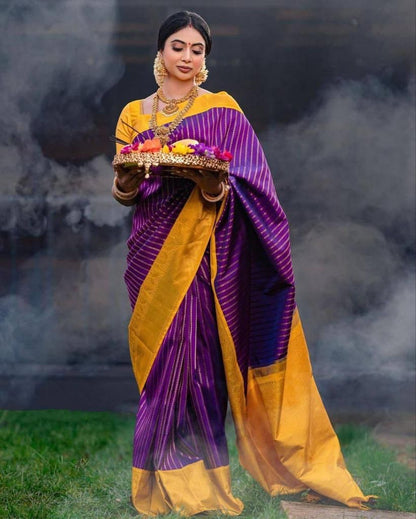 Yellow & Purple Banarasi Soft Silk Saree With Weaving Work