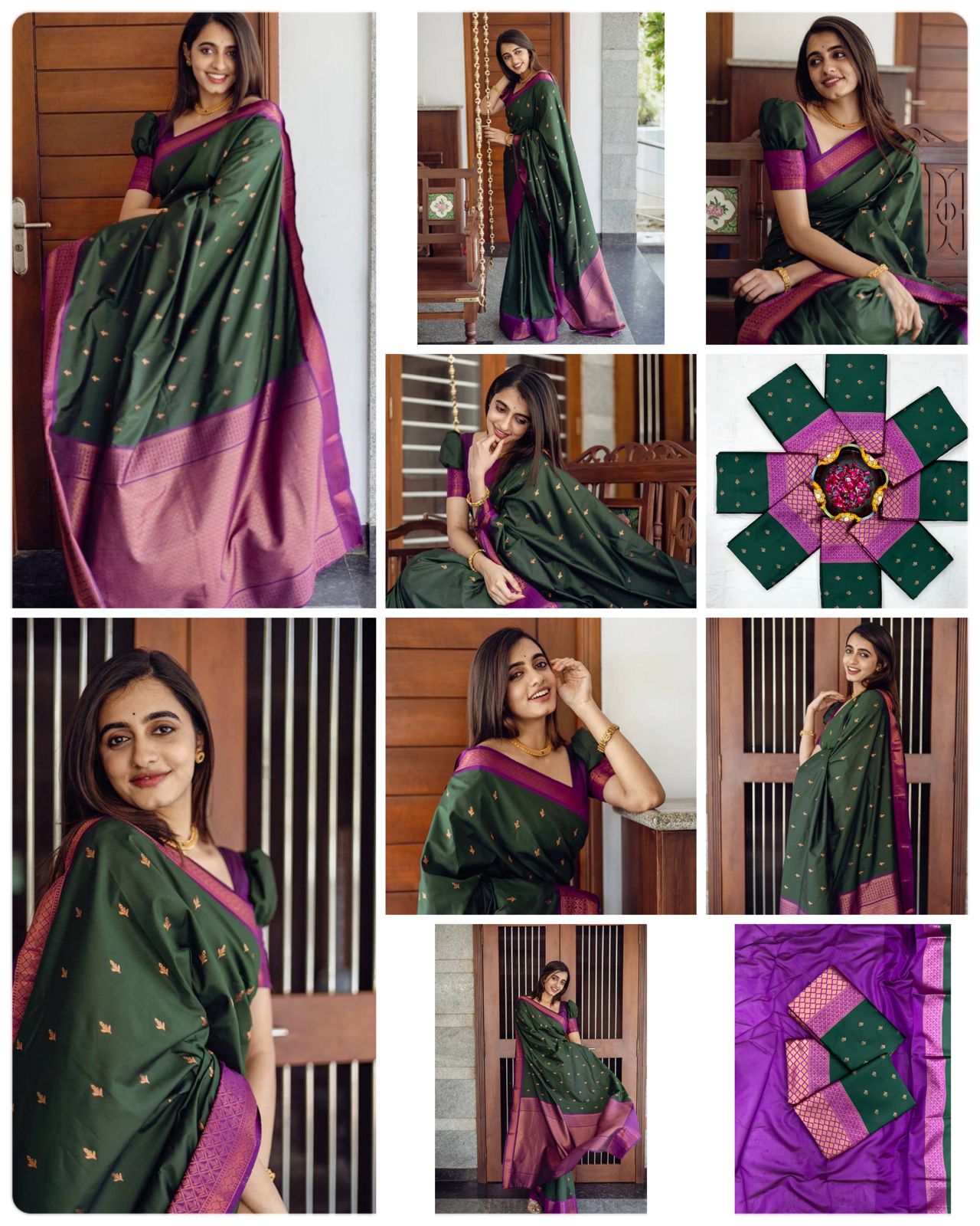 Dark green Pink Border Saree With Sequence Blouse