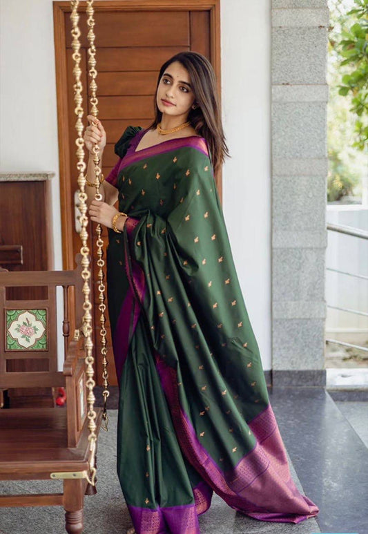 Dark green Pink Border Saree With Sequence Blouse