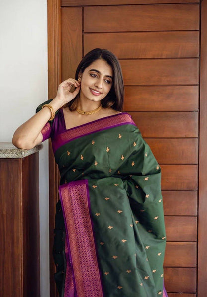 Dark green Pink Border Saree With Sequence Blouse