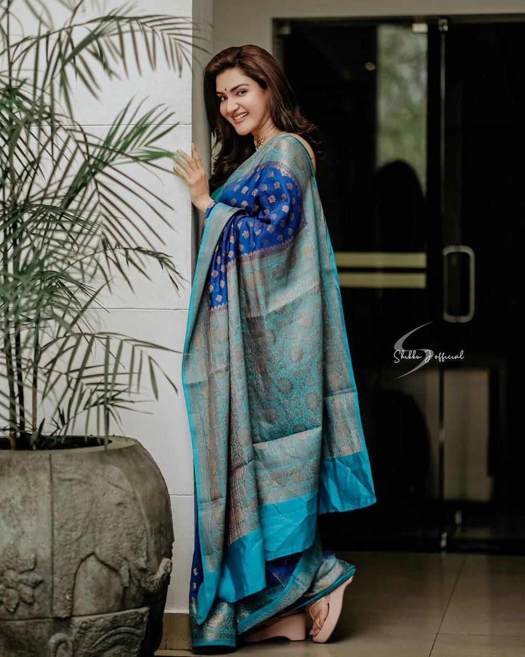 Blue Green Teal Color Soft LIchi Silk Saree