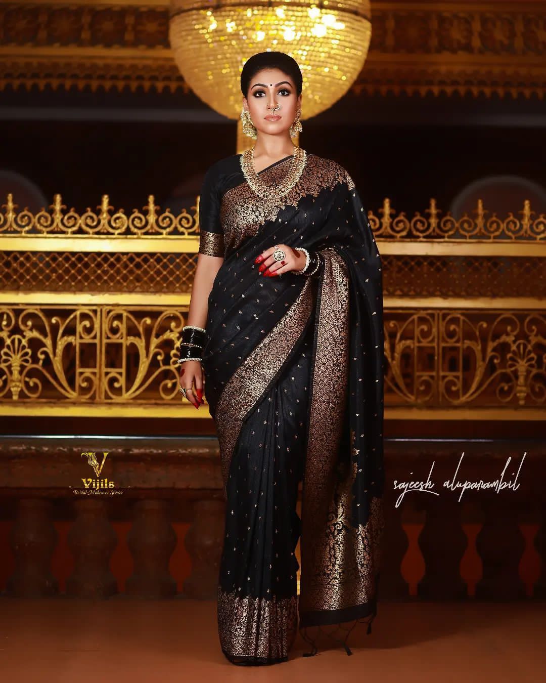 Black Banarasi Silk Saree With Copper Zari Weaving Work