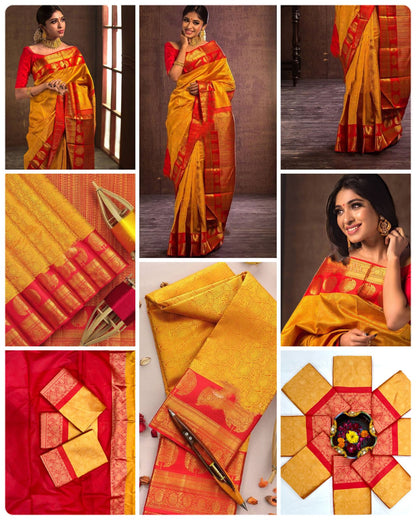 Red Yellow Soft Lichi Silk Saree With Rich Pallu