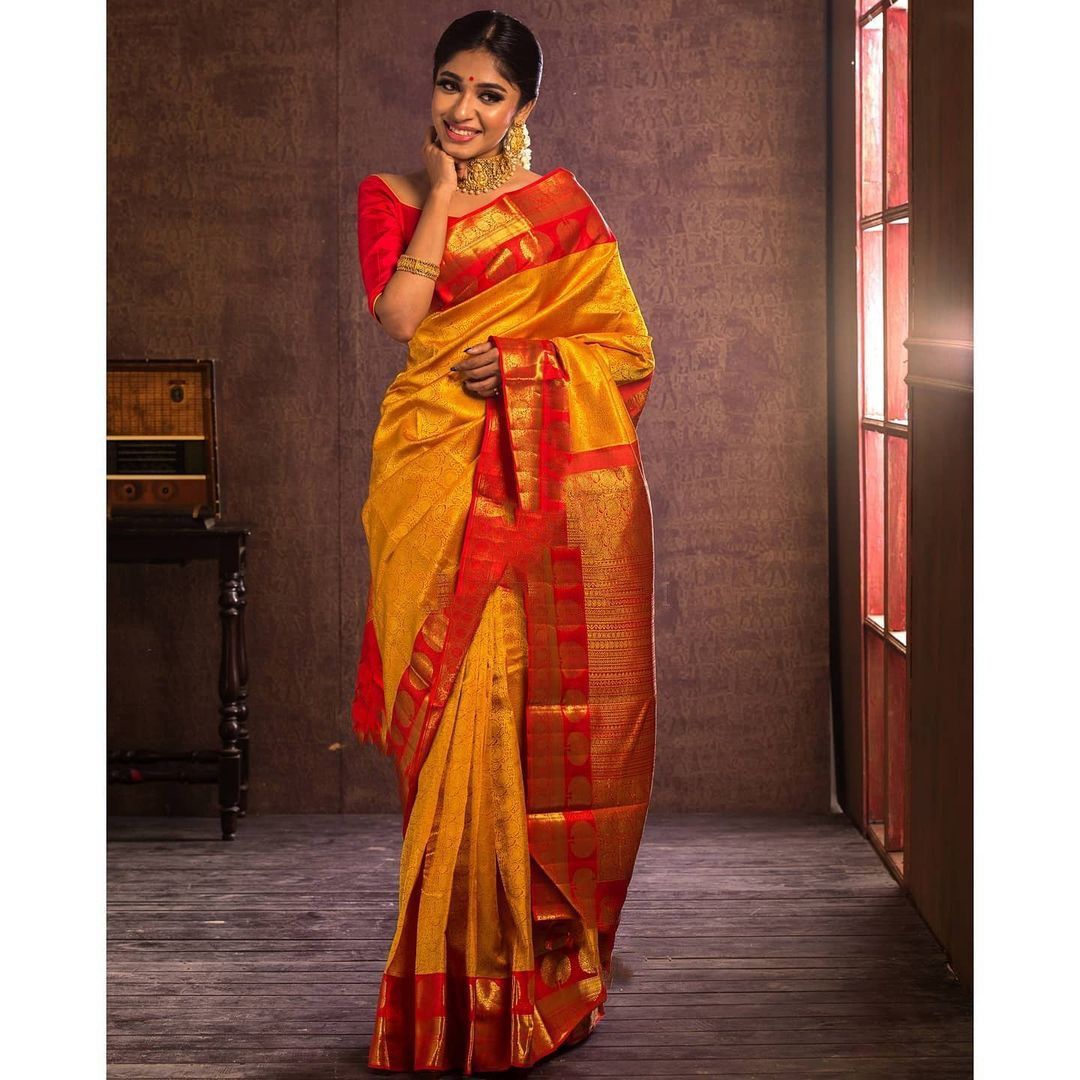 Red Yellow Soft Lichi Silk Saree With Rich Pallu