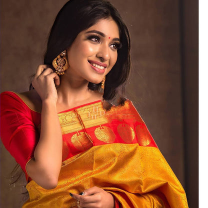 Red Yellow Soft Lichi Silk Saree With Rich Pallu