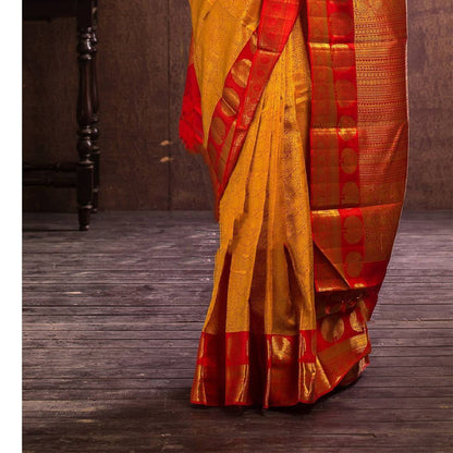 Red Yellow Soft Lichi Silk Saree With Rich Pallu