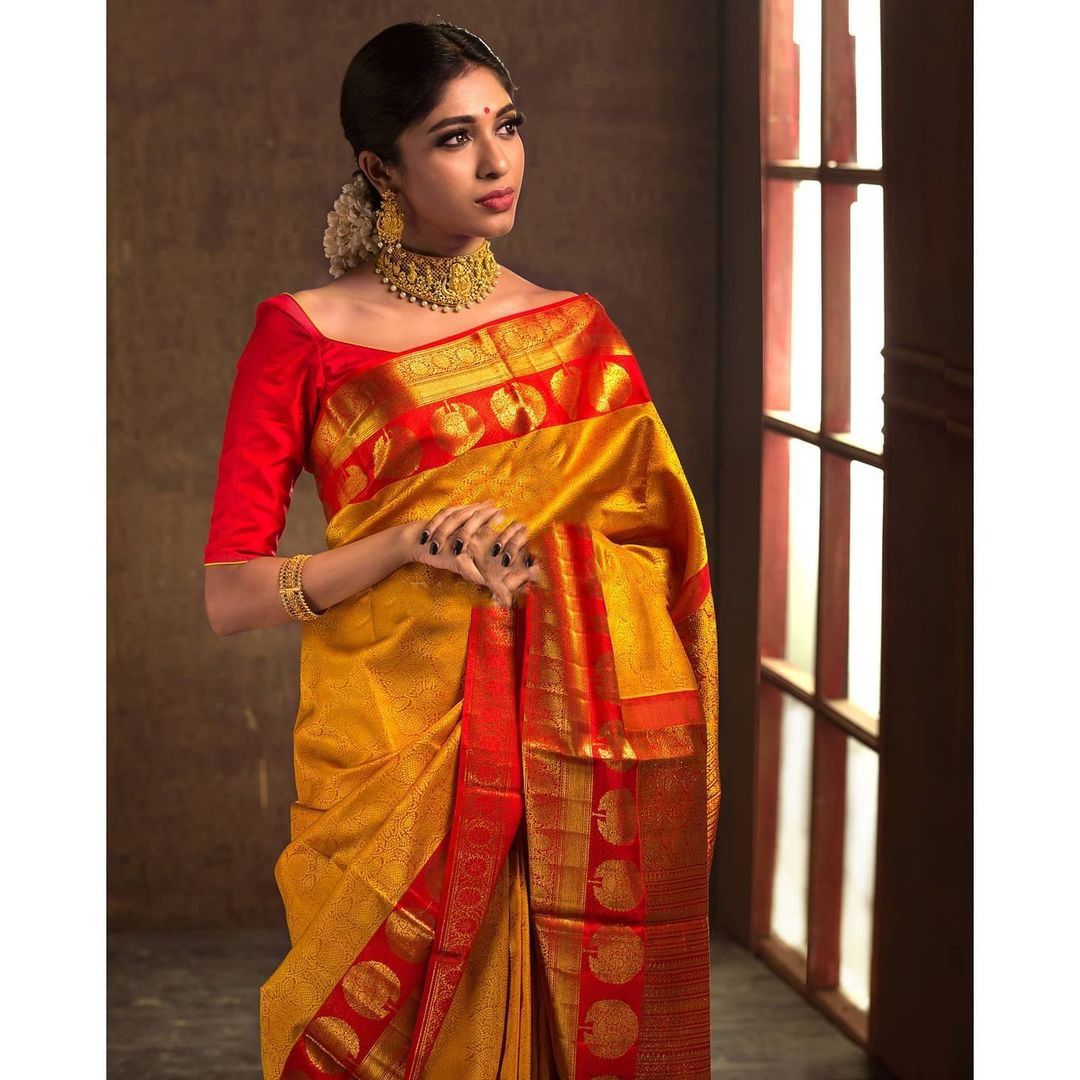 Red Yellow Soft Lichi Silk Saree With Rich Pallu