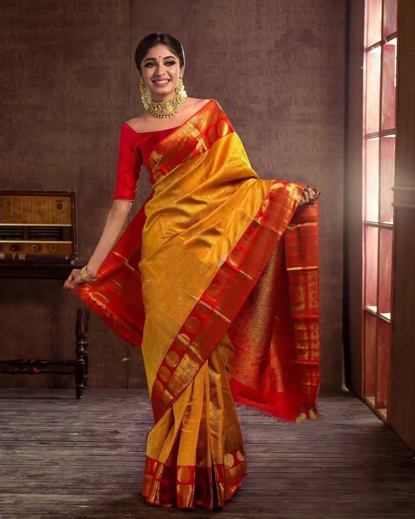 Red Yellow Soft Lichi Silk Saree With Rich Pallu